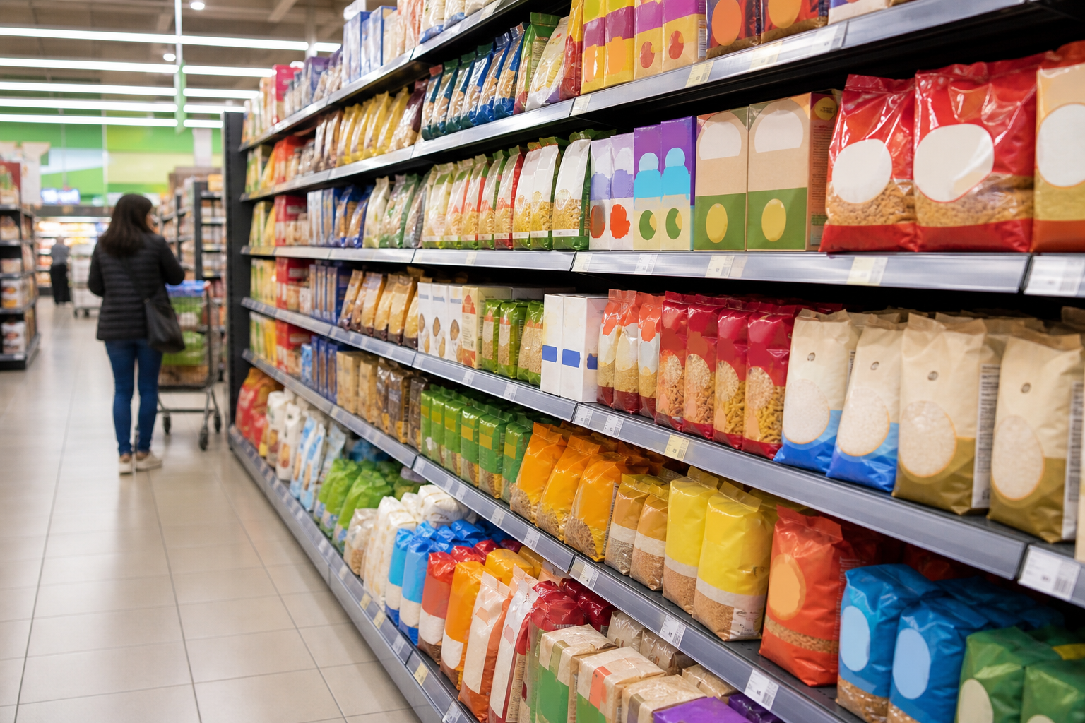 полки супермаркета с упаковками продуктов, где маркетинг эксплуатирует слово фитнес и обещания здоровья