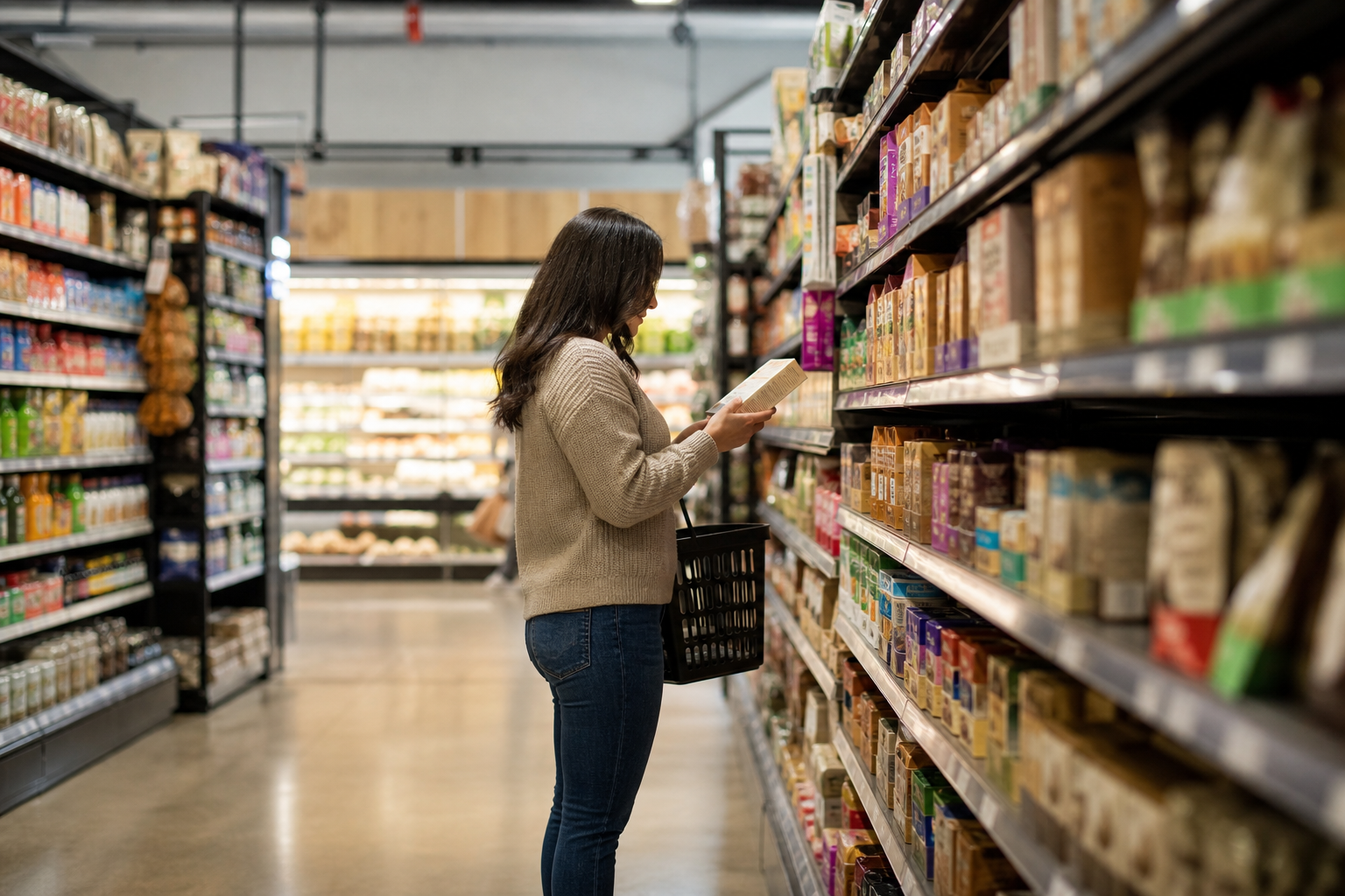 женщина читает состав на этикетке продукта в магазине вместо слова фитнес на упаковке