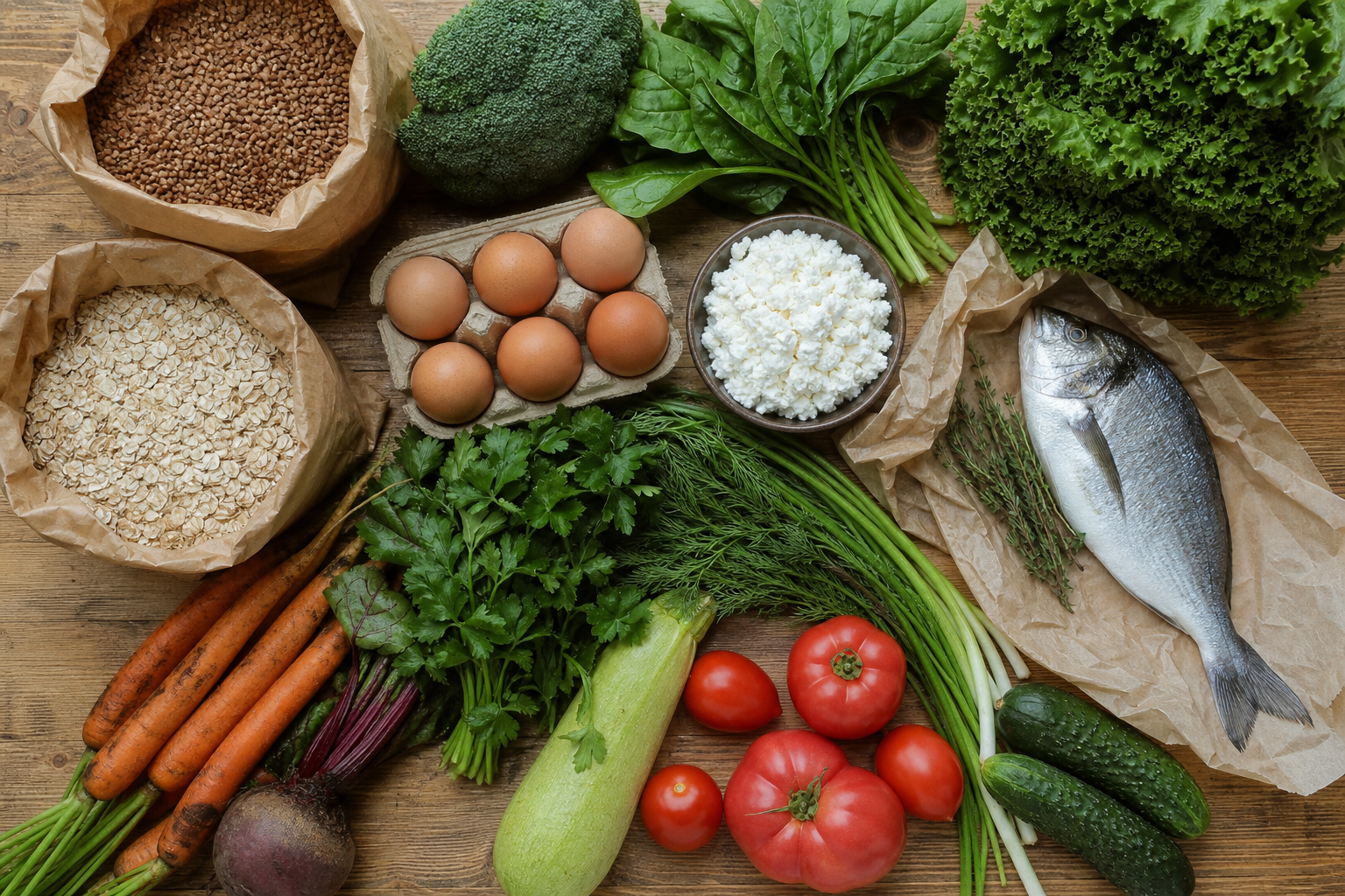 продукты для правильного питания список: овощи, зелень, крупы, творог и рыба для недельной корзины