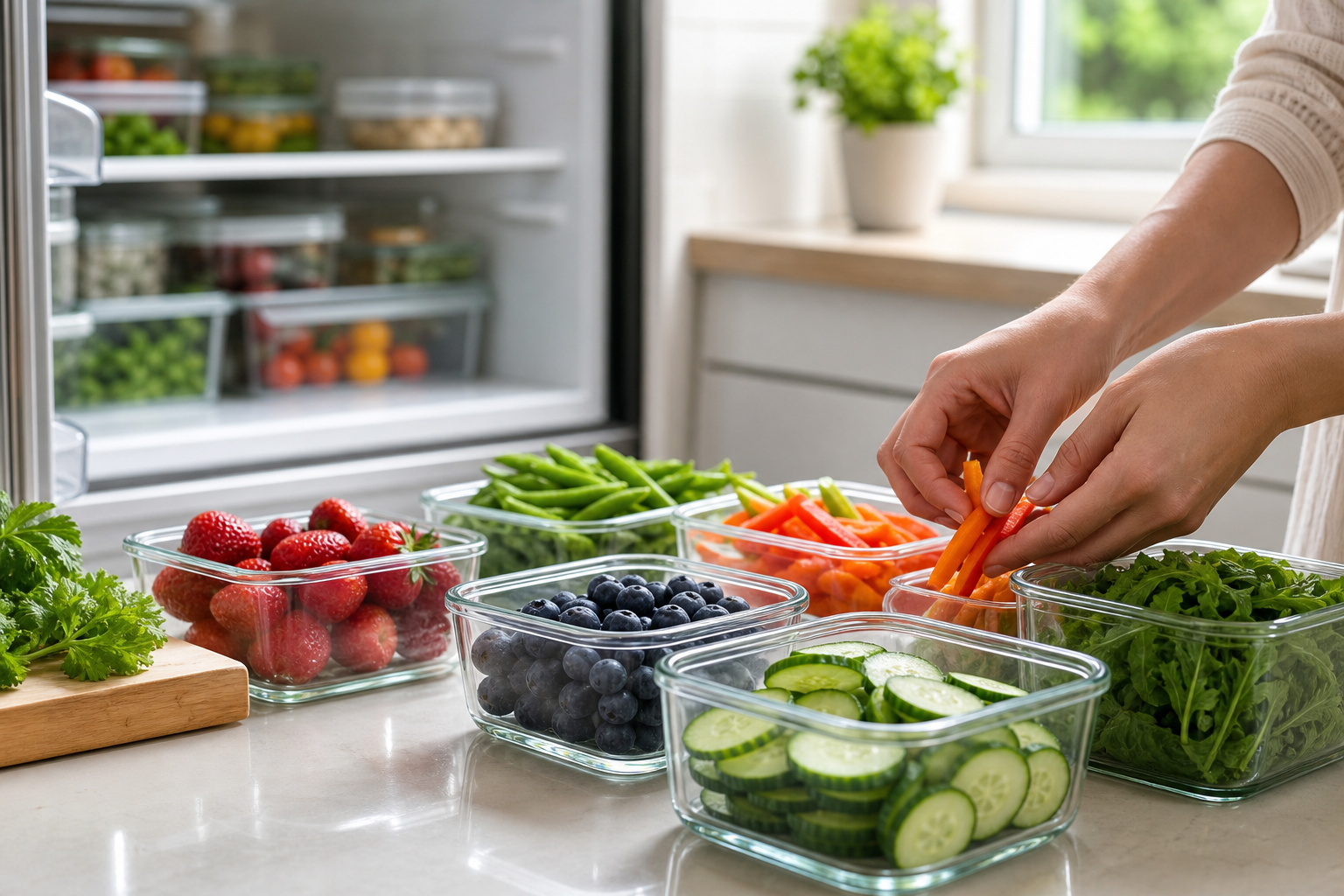 руки раскладывают свежие продукты по контейнерам для холодильника