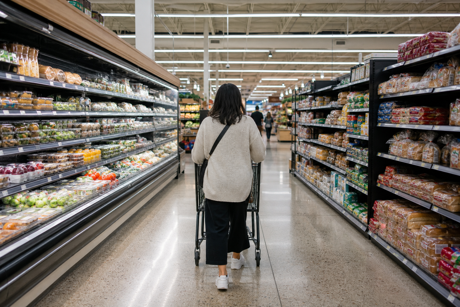 покупательница с тележкой у полок с продуктами в супермаркете