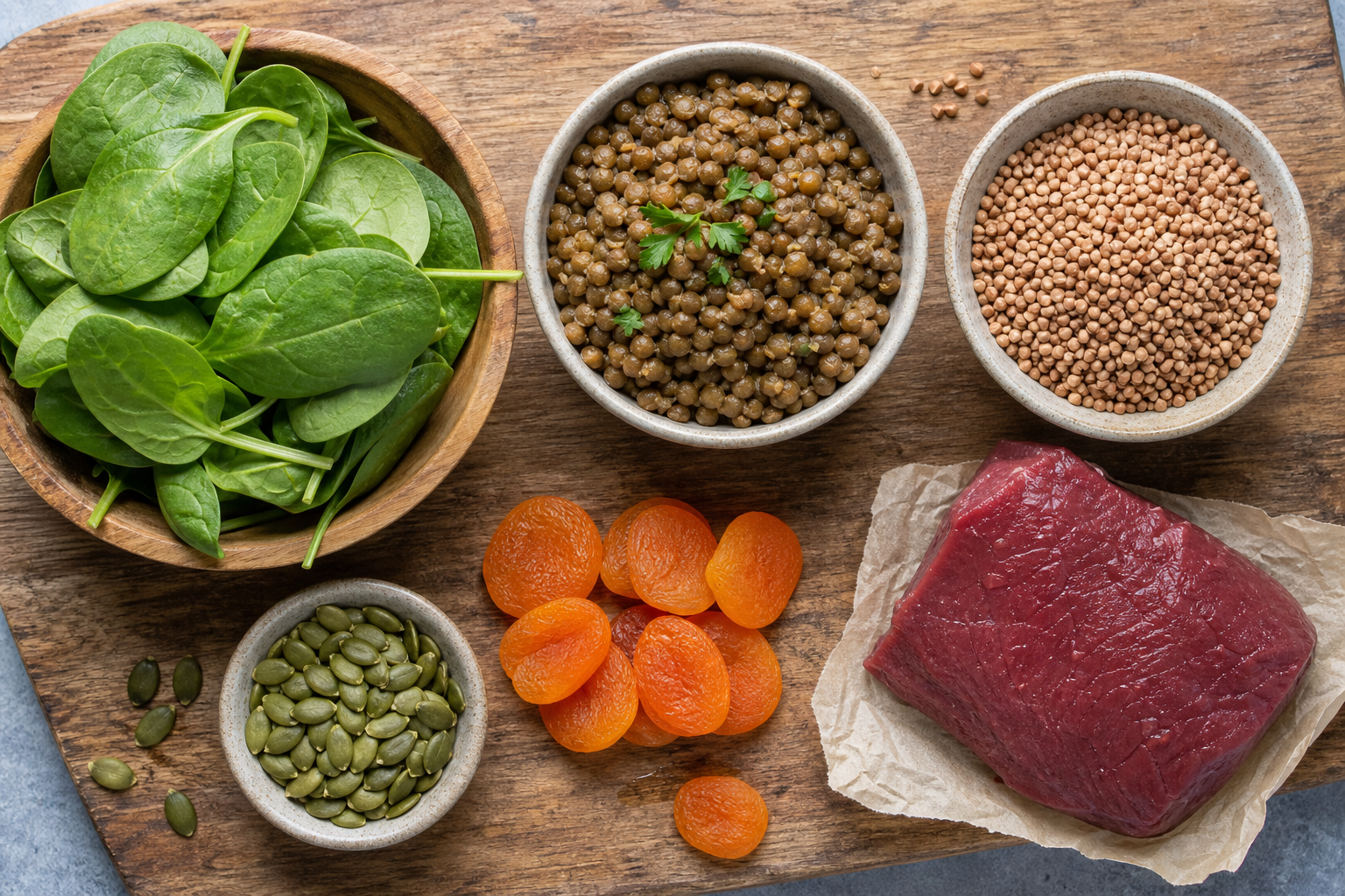 продукты, богатые железом: печень, чечевица, шпинат, тыквенные семечки, говядина
